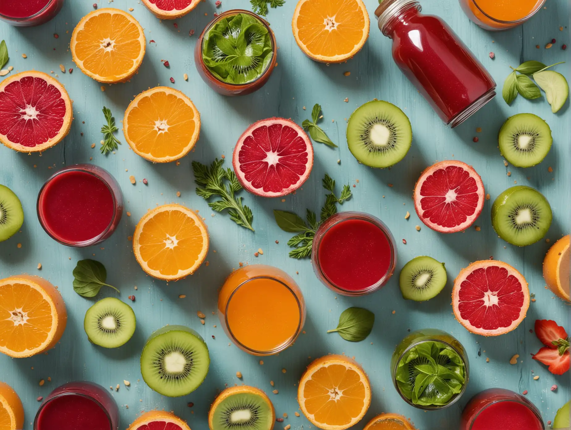 could you create some stock photos of cold pressed fruit and vegetable juice, make them vibrant, have fruits and vegetables around the juices
