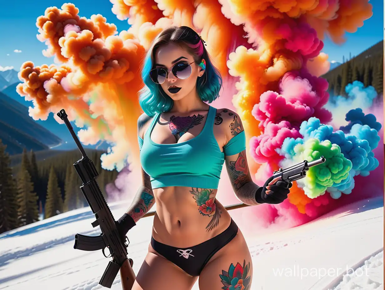 huge colorful smoke bomb ski mask
sexy tattooed rebel pin-up girl holding a gun