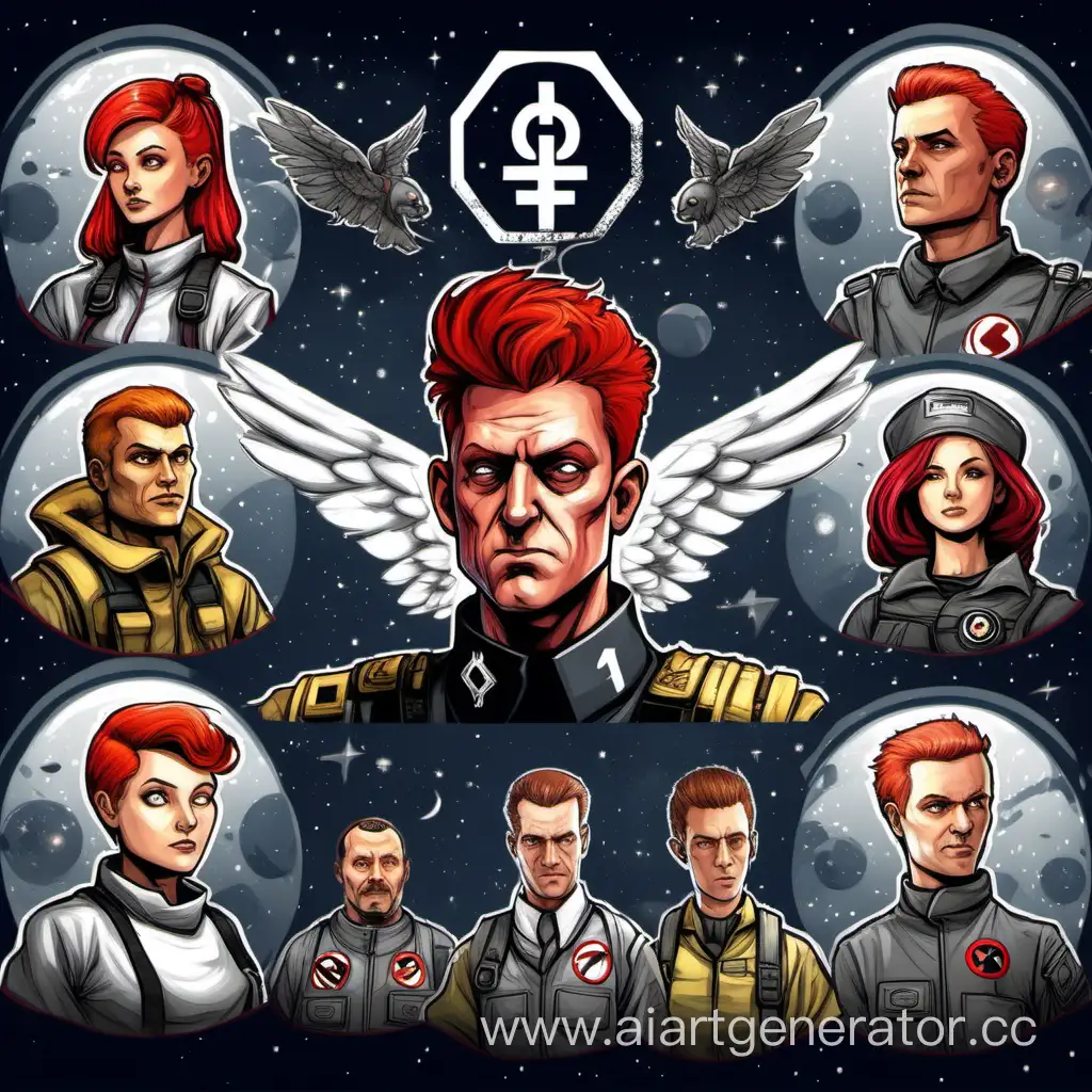  character with wings, red hair, nazism, it's night, captain, npc with a saint\'s halo, psycho, grey jumpsuit, game space station 13, greytide