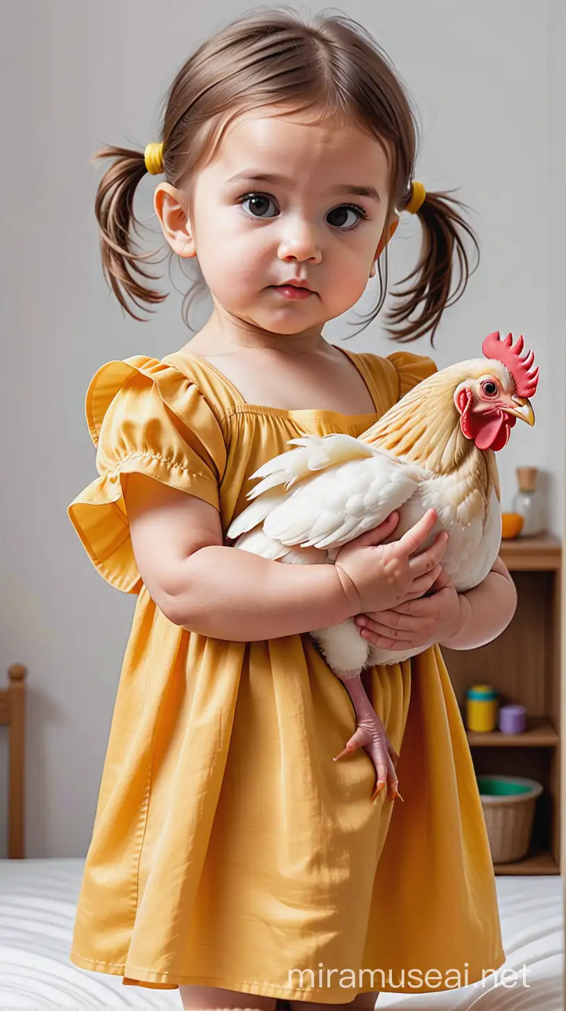 Chubby 3YearOld Girl in Yellow Nightgown Holding White Vegetable Chicken