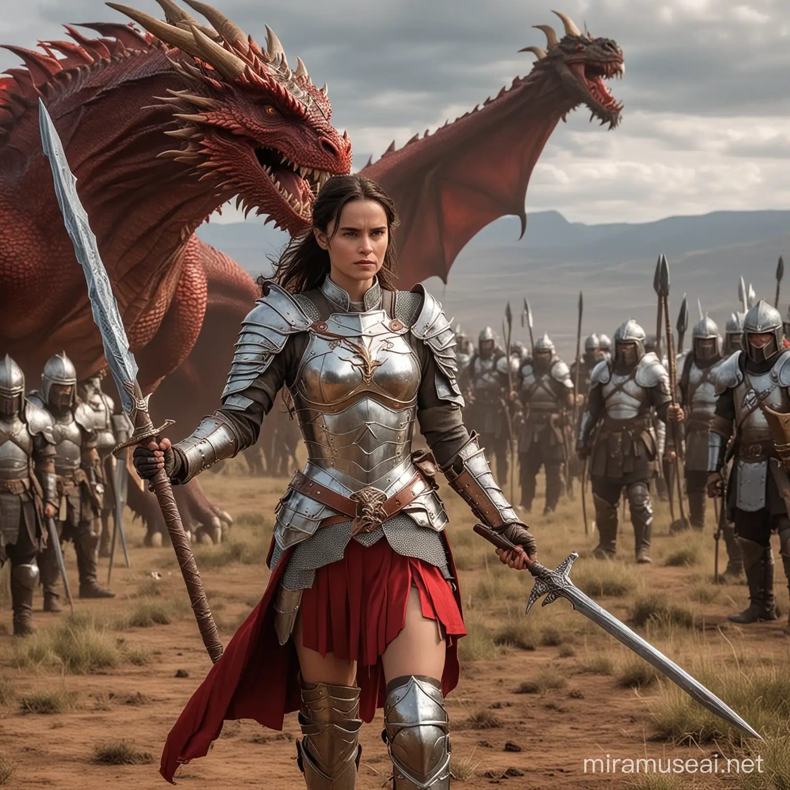 Young Jennifer Connely dressed in plate armor holding a long spear in one hand infront of a red dragon fighting in a battlefield with orcs