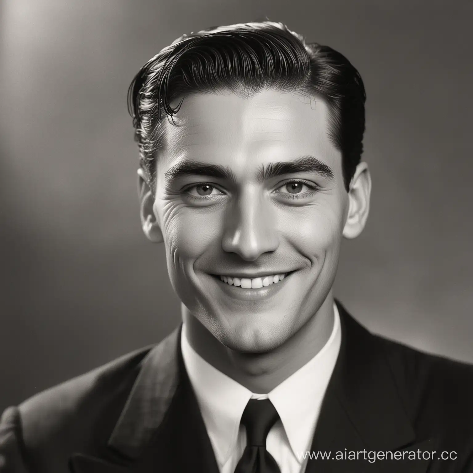 Guy with a black suit and classic hairstyle, smiling, charismatic brows. Great Depression Era. Black and White photo. 1930s.