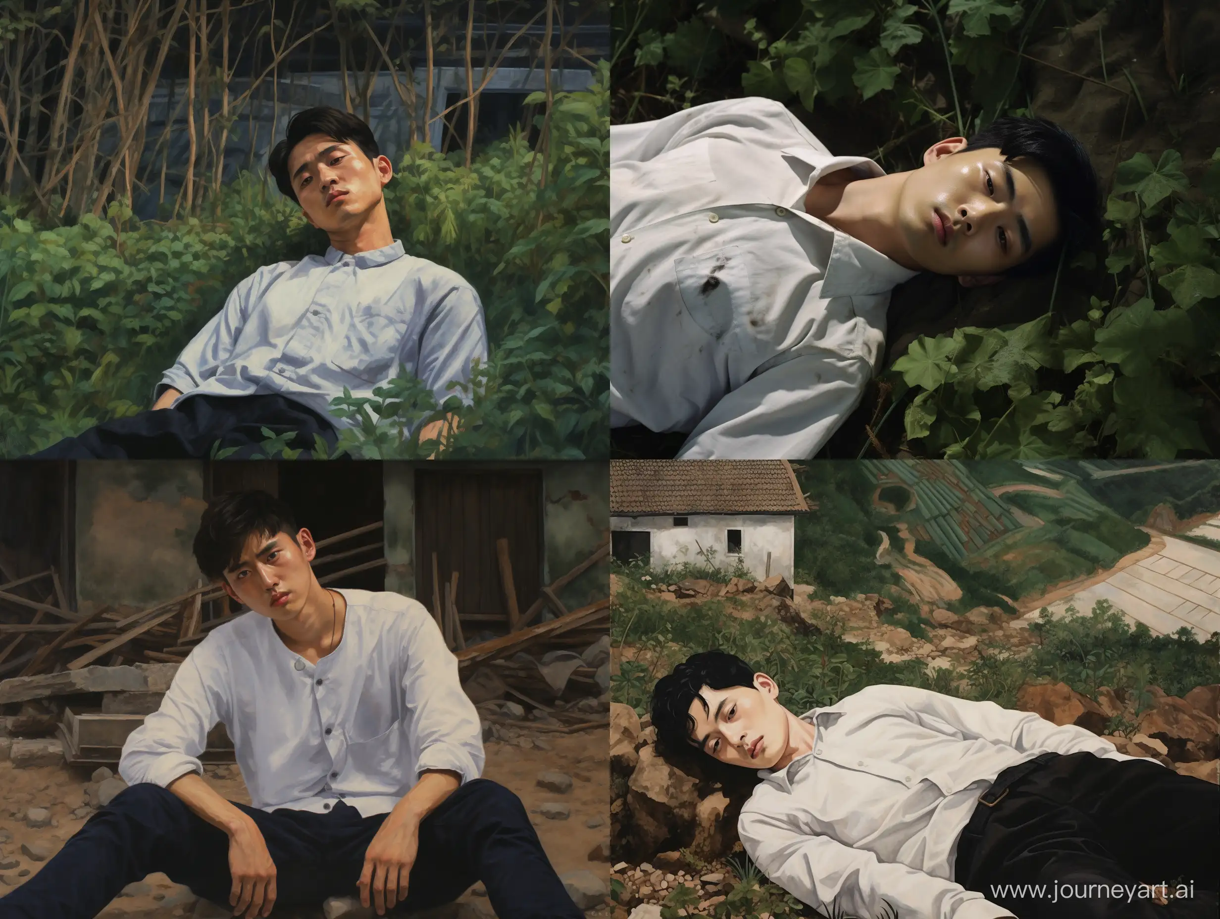 In the countryside of China, next to the house, many people looked at jijun, a boy, aged 18, thin, wearing a white shirt and black pants, unconscious on the ground and just woke up;