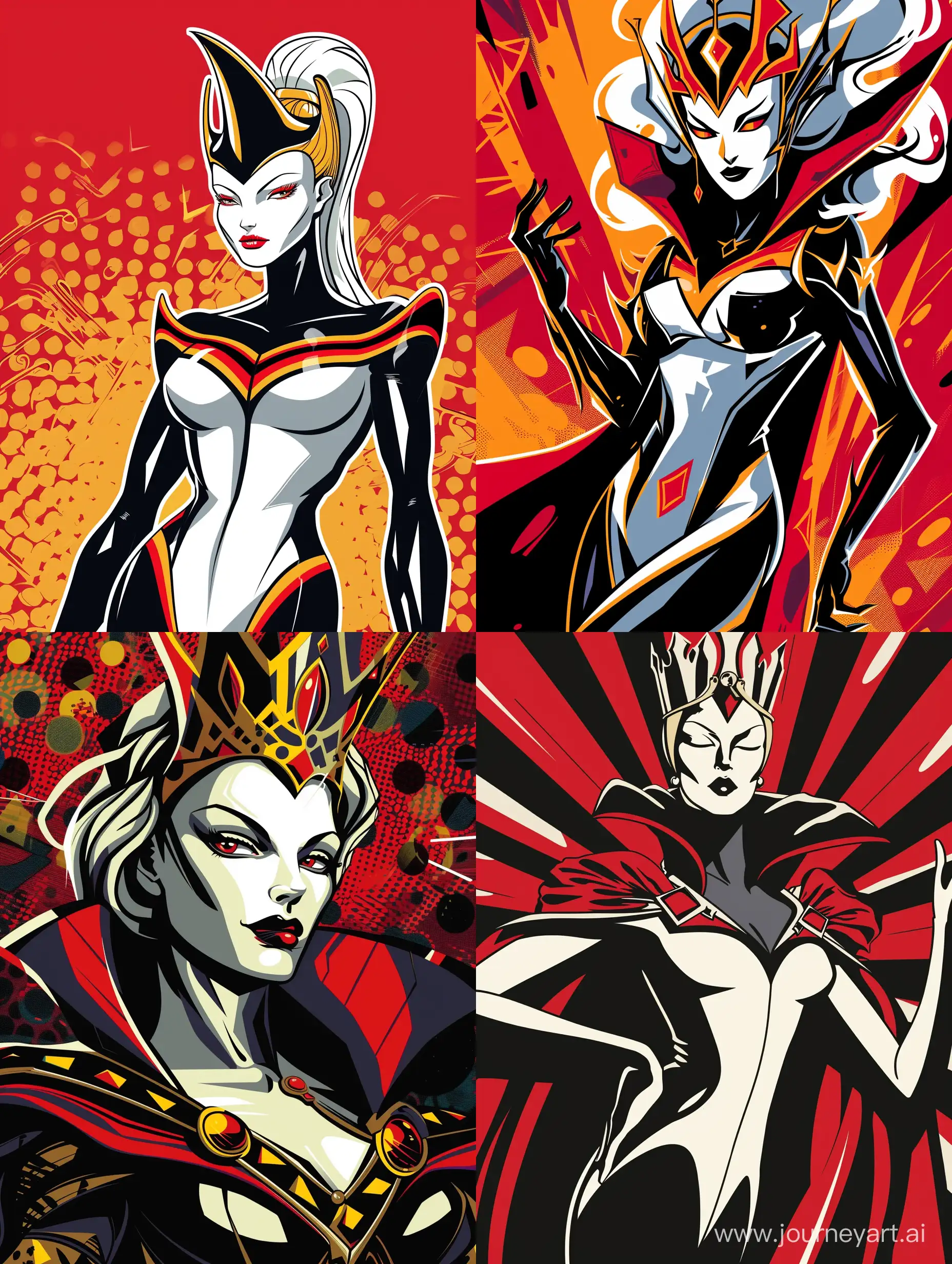 The pop art style image pays homage to the majestic presence of the white female sphmatic black queen, using bold colors, sharp outlines and exciting composition to emphasize strength and nobility, the background is appropriate