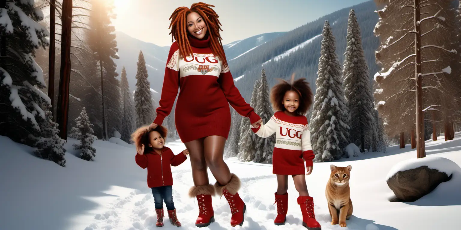  a voluptuous brown girl with red/golden curlig Dreadlocks, beautiful face with two moles on either side of a cupid bow shaped lips, wearing a ugg boots and  gucci sweater dress, she is smiling while playing in snow with husband and two children set in thahoe mountains full snow and winter wonderland themed, hyperrealistic digital art 