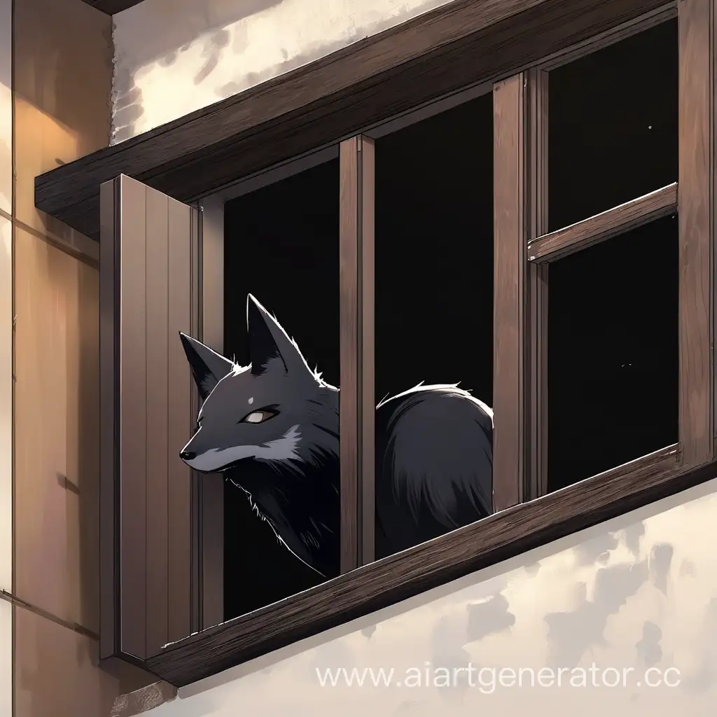 Black-Fox-Silhouetted-Against-Window-at-Night