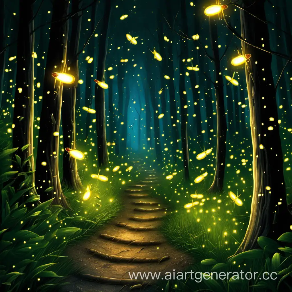 forest, fireflies, path