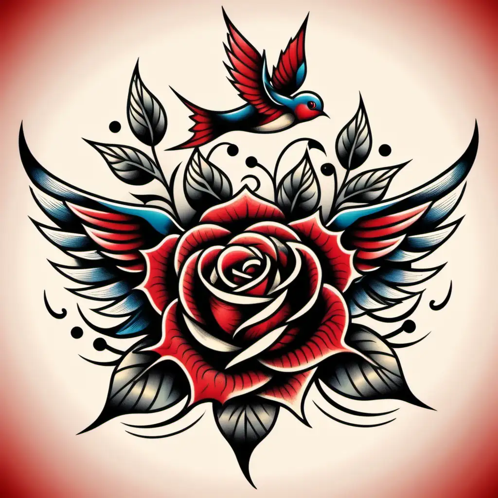 Muster Rose in oldschool Tattoo Design, rot, kräftige Farben, Schwalbe 
