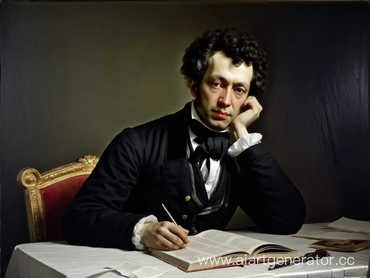 Alexander Sergeevich Pushkin is sitting at the table