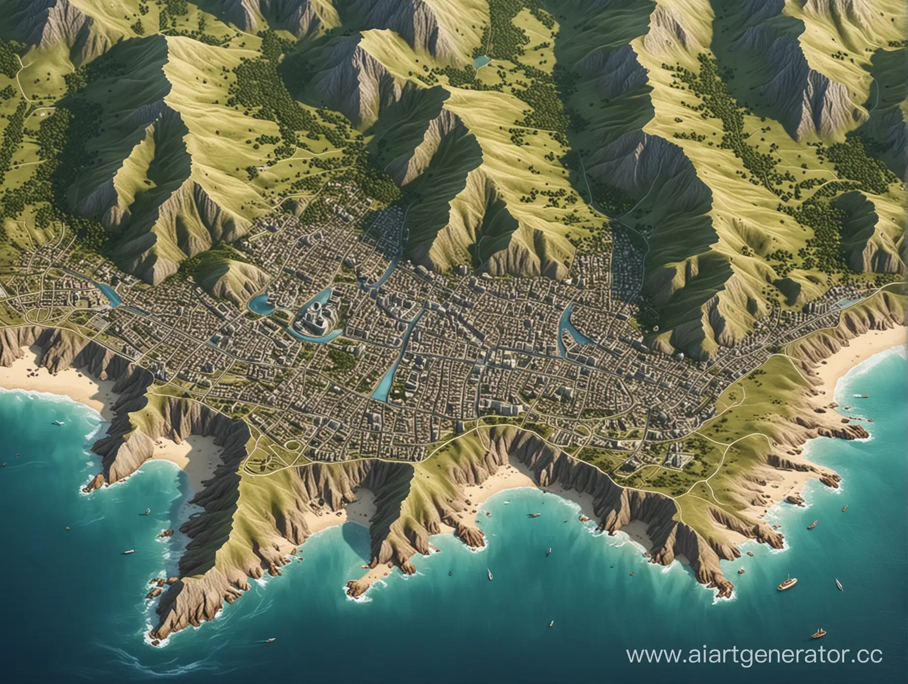 Карта города расположенного на берегу океана. Горная местность. Город средних размеров. Карта города