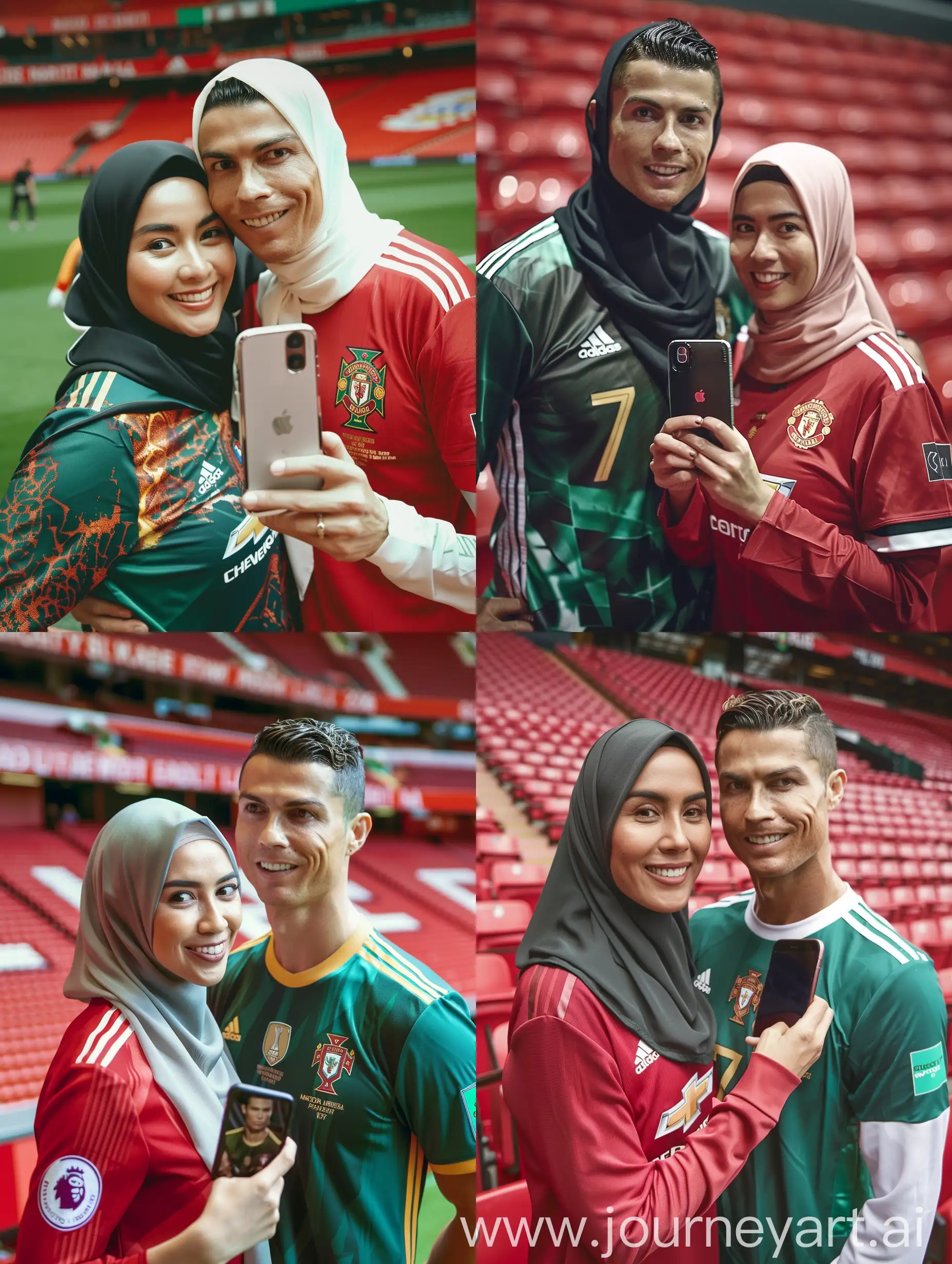 Potrait Seorang wanita cantik indonesia hijab mengenakan baju jersey manchester United. Wanita itu sedang berfoto bersama seorang Cristiano Ronaldo yang mengenakan jersey portugal.mereka berfoto di lapangan stadium old Trafford. Kualitas 8K HD. foto asli.