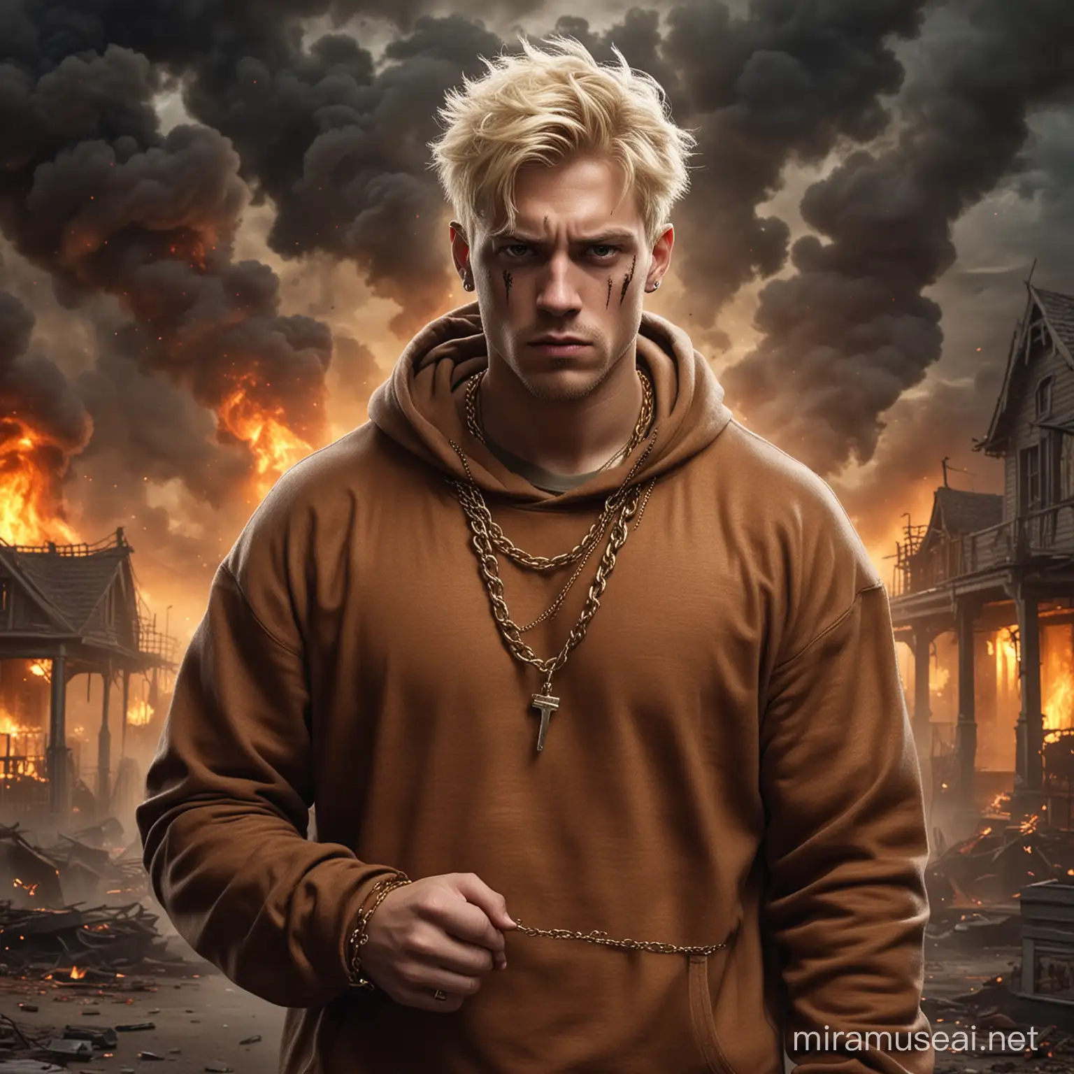 Blond Male in Brown Sweatshirt Amid Chaotic Zombie Apocalypse