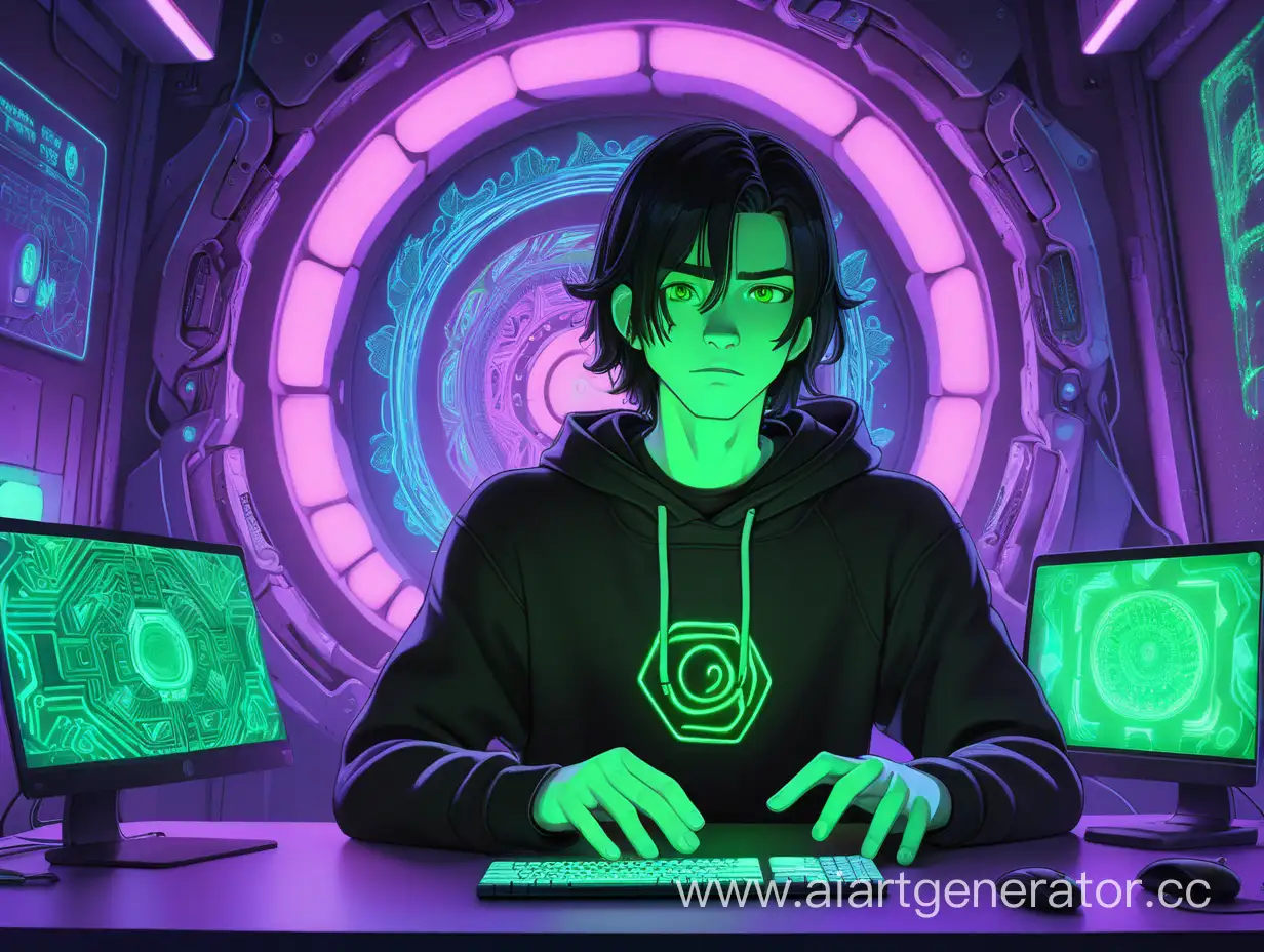 парень сидит в центре неоновой комнаты за компьютером, парень имеет черные волосы по плечи черную кофту с рисунком, глаза зеленые, позади него открывается портал из которого выходит рука