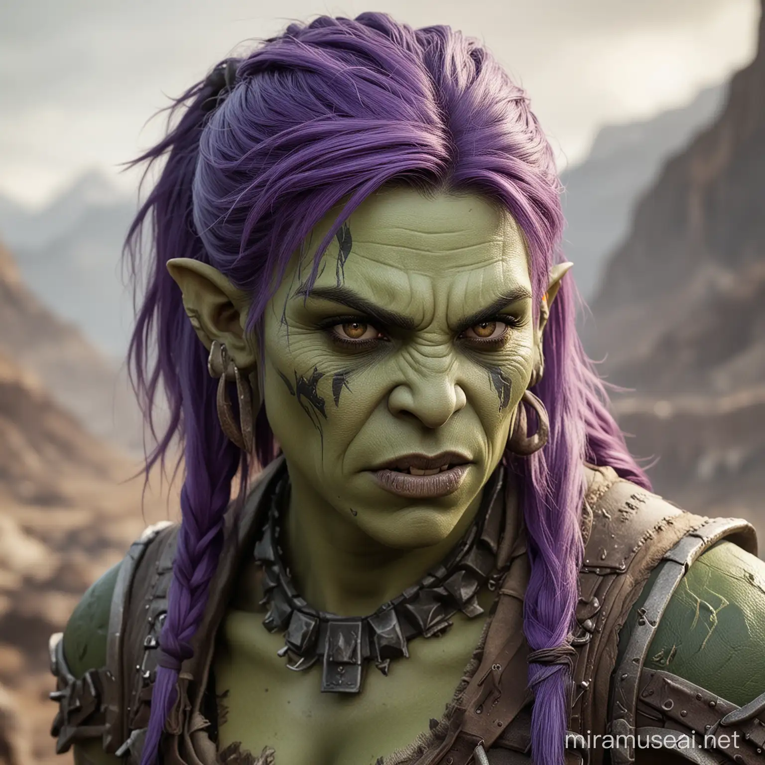 female orc with purple hair. She's tough looking and has long tusks for teeth. She has green skin