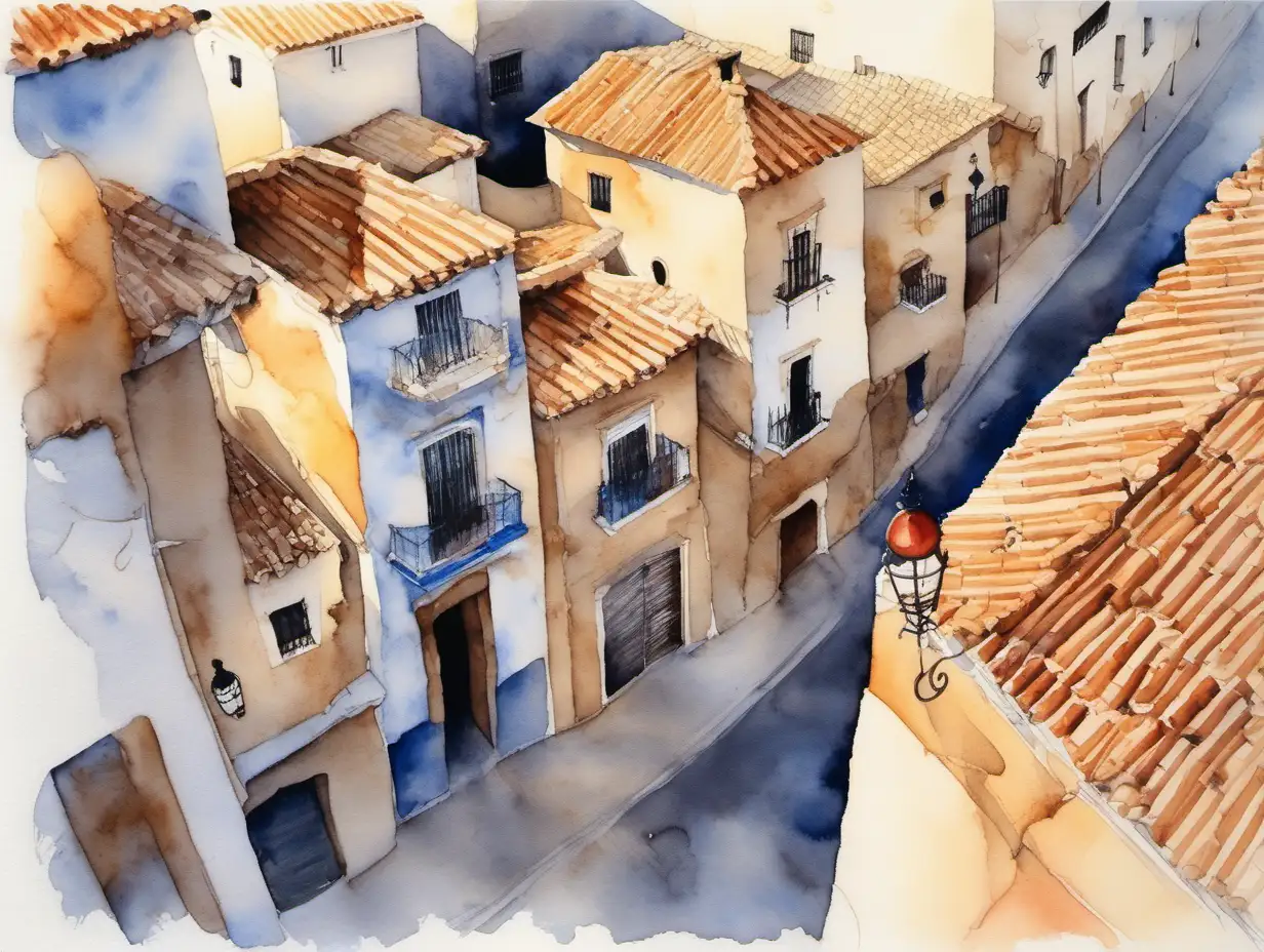 Andalusian Street Aerial View Dawn Watercolor of a Crying Girl