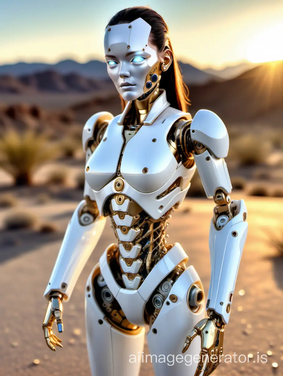 A female android!, detailed white plastic shell, with visible components at the joints and waist. Sat on the ground , in the nevada desert, Hightest detail face, highest detail eyes, highest detail, wide field of view, taken at golden hour