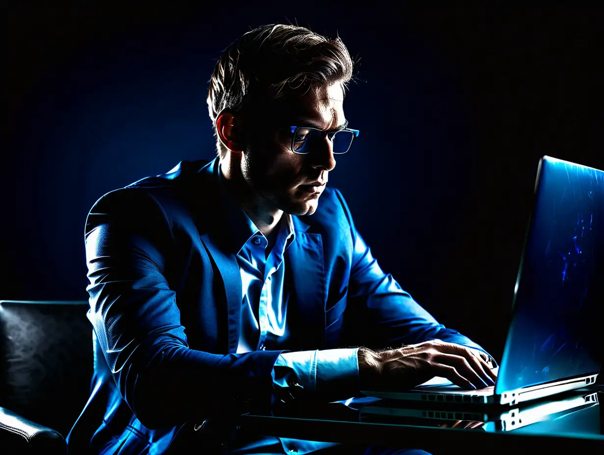 professional photo with slight reflection. Dark blue theme. Male sitting at laptop working