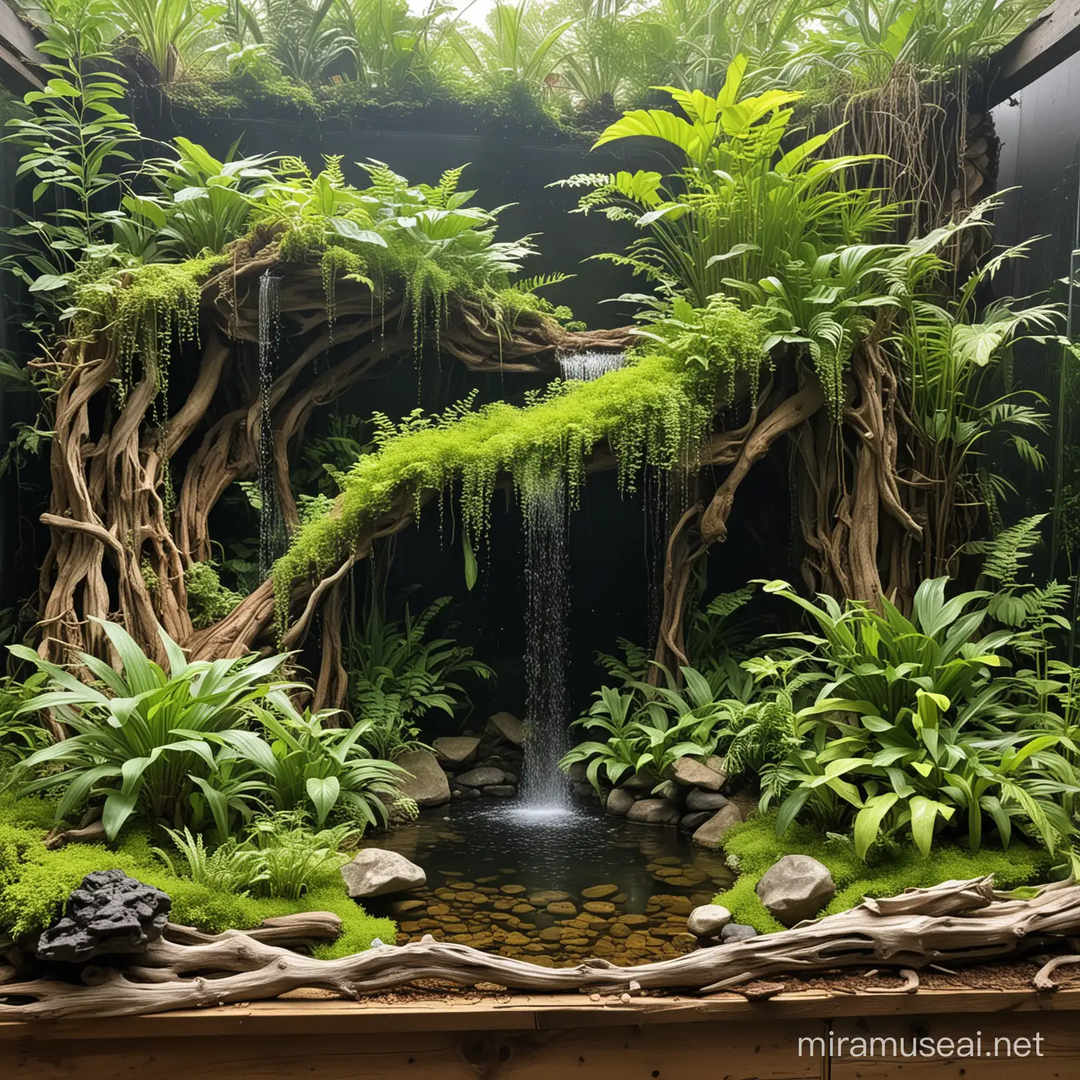 Rainforest paludarium with waterfall running from back to front, flows under the driftwood, sidewalls are filled with forest plants and vines
