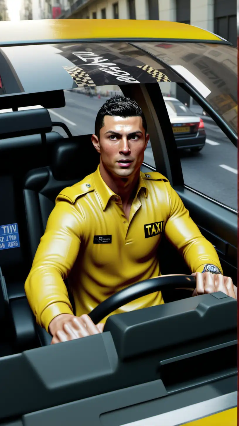 Cristiano Ronaldo as taxi driver, driving a taxi car,  realistic, ar 2: 1 --v 5