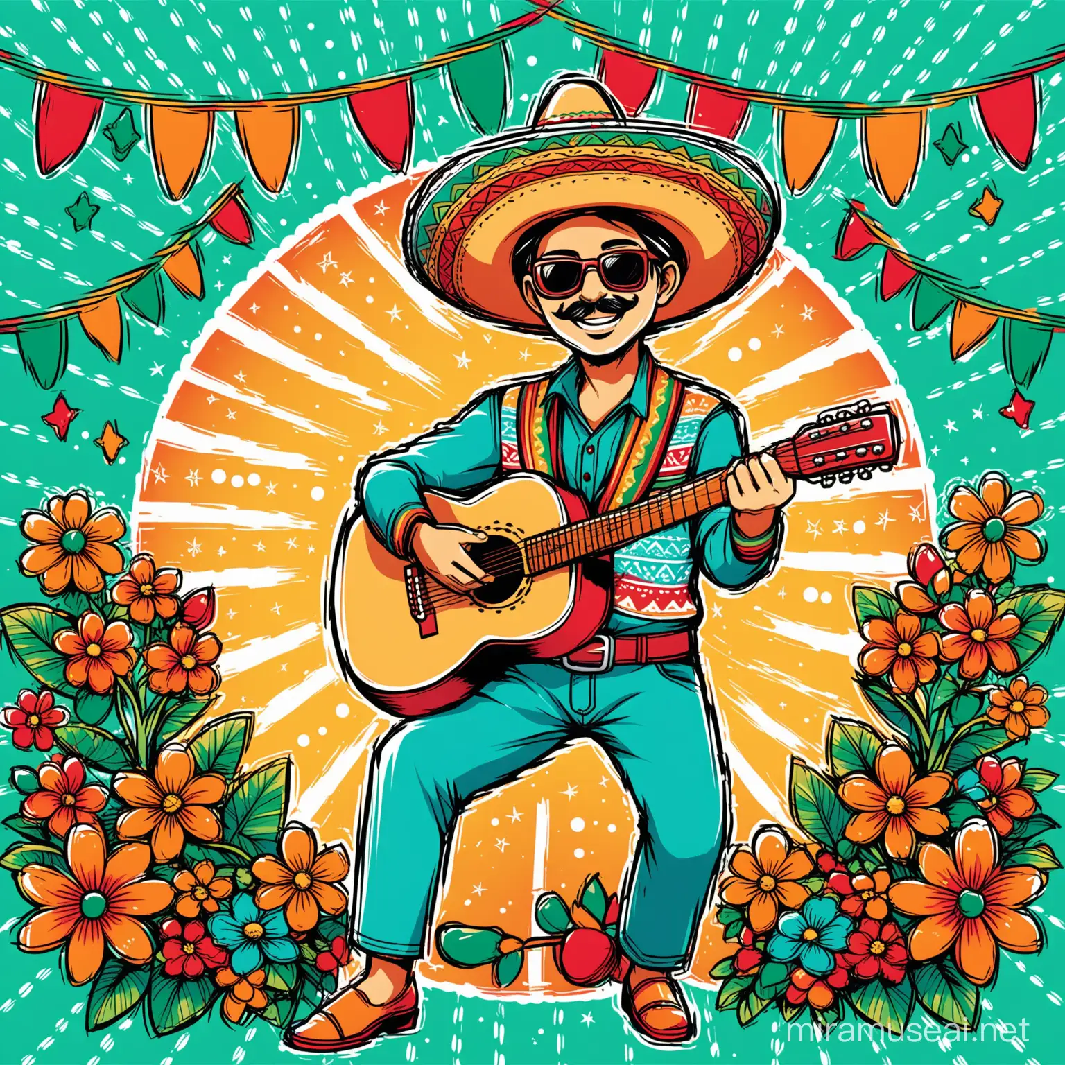 A vibrant and festive vector illustration of a guitar player wearing a sombrero, celebrating Cinco de Mayo. The guitar has a colorful design with a Mexican flag motif, and the hat is adorned with flowers. The retro lineart style creates a nostalgic feel, with the guitar player's pose exuding confidence and joy. The background is a cheerful blend of colors, including shades of orange, green, and blue, creating a lively and festive atmosphere.