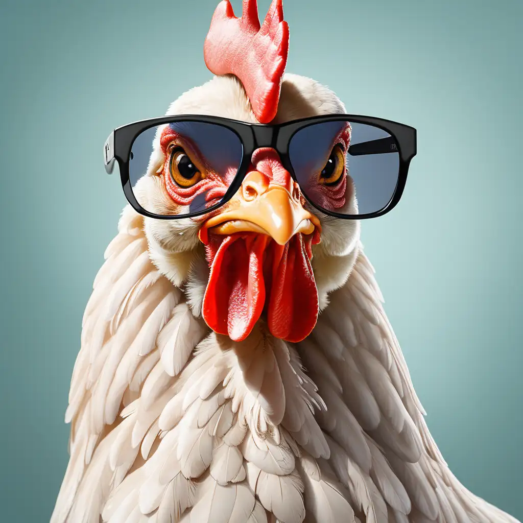un pollo di nome giovanni, con gli occhiali da sole, come un cartone animato, divertente