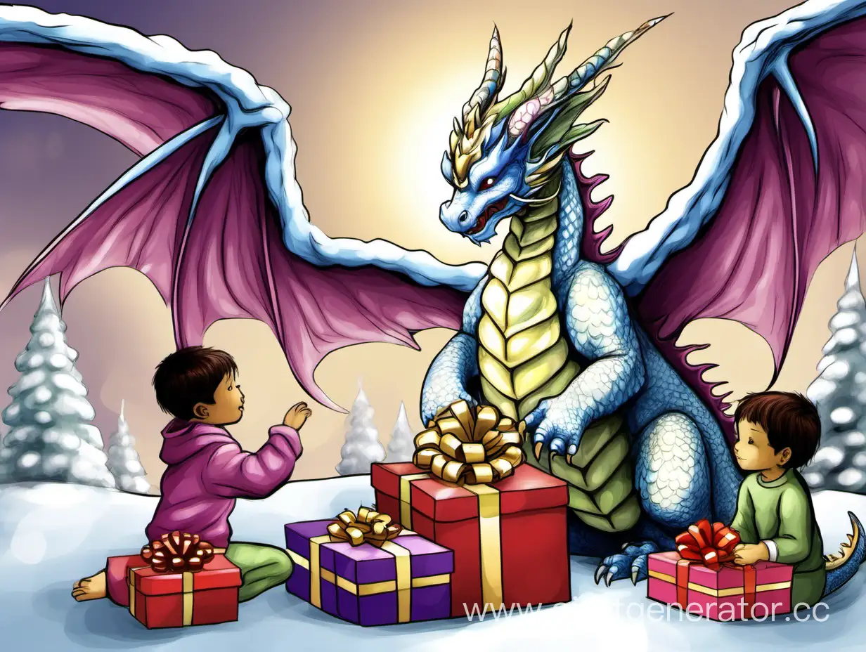 Ангельский дракон дарит детям подарки