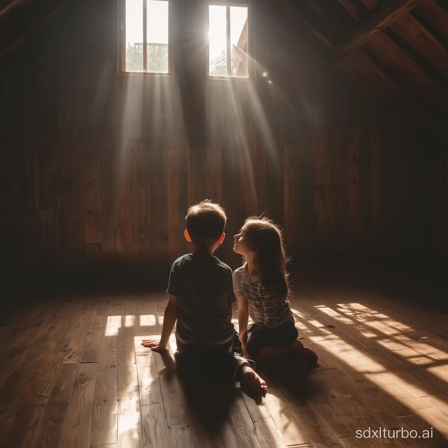 girl and boy sitting on floor, backside pose, wooden house, first floor, sun rays, dark environment, wide shot