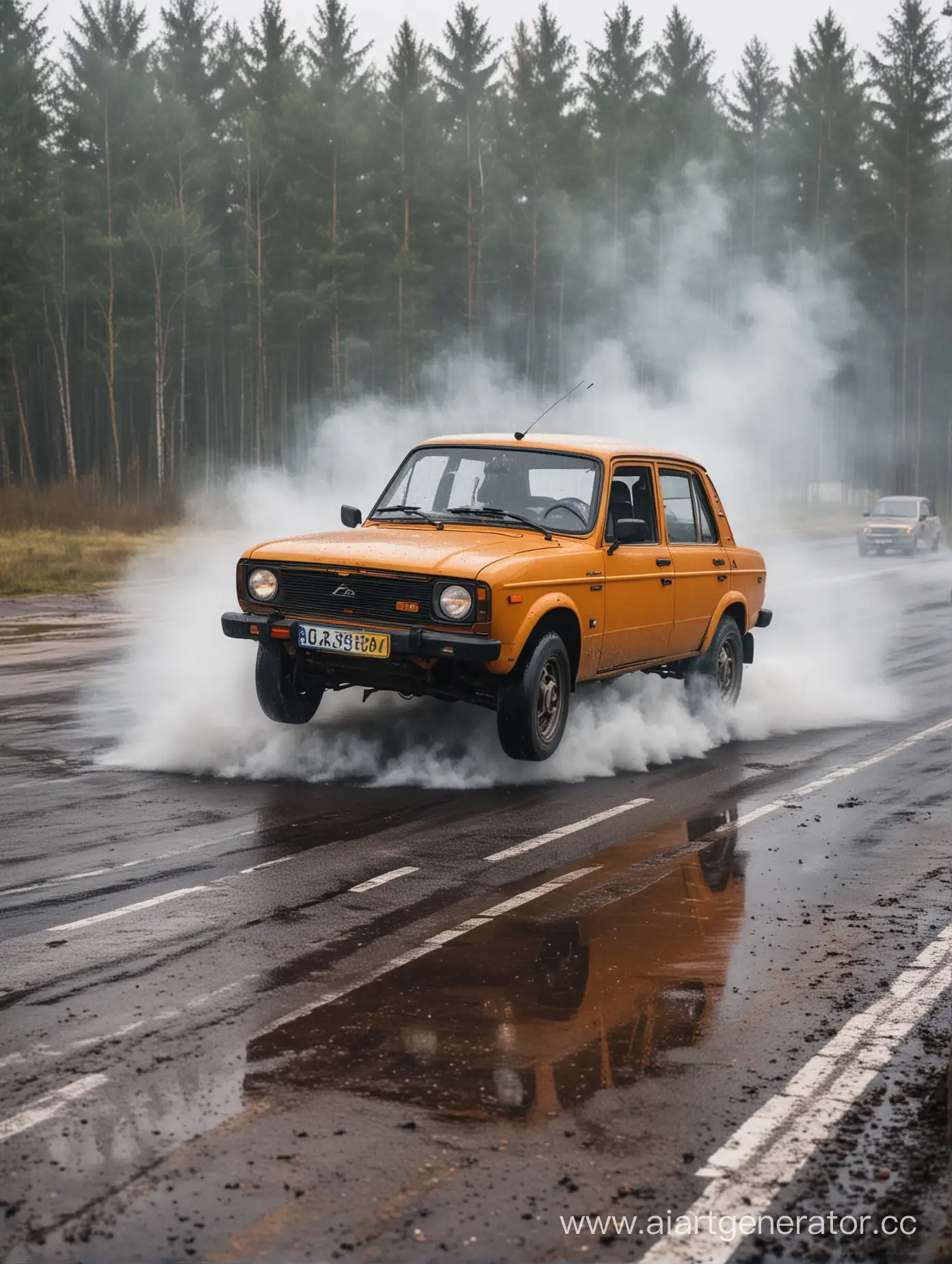 Lada-Car-Skidding-on-Wet-Asphalt-with-Smoke