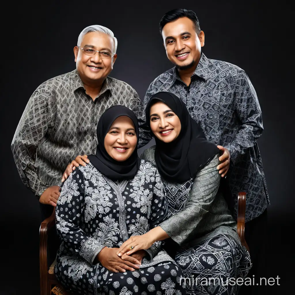 4 orang indonesia di Foto keluarga mengenakan pakaian batik, seorang pria berusia 60 tahun badan agak gemuk, ibu berusia 48 tahun berhijab, cowok berusia 30 tahun badan agak gemuk, cewek berusia 28 tahun berhijab badan agak gemuk, duduk di sandaran kursi, saling berpelukan, tersenyum, potret keluarga, mengenakan batik yang senada. latar belakang cerah gradient hitam, gambar terlihat sangat bagus dan realistis 8K.