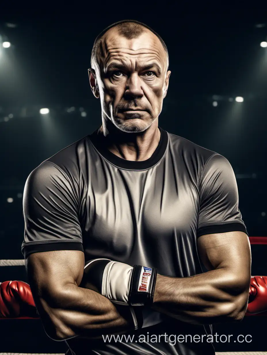 Oil portrait, a 47-year-old Russian with short hair and a week's stubble with a broken nose and a split lip is the head coach of a boxing club, he is dressed in a sports T-shirt suit, boxer gloves on his shoulders, against the background of a boxing ring, this is a photo shoot, the work of the artist Norman Rockwell.
