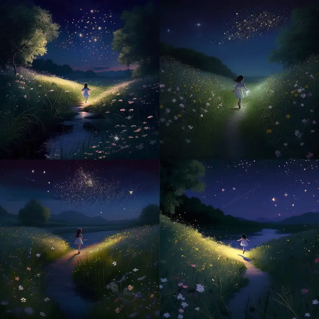 Charming-Night-Adventure-Young-Girl-Chasing-Fireflies-in-Meadow
