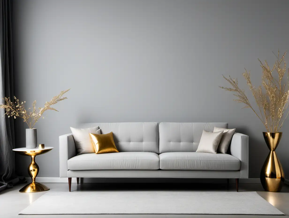 Commercial Photography, modern minimalist living interior with light grey wall , sofa and golden decor
