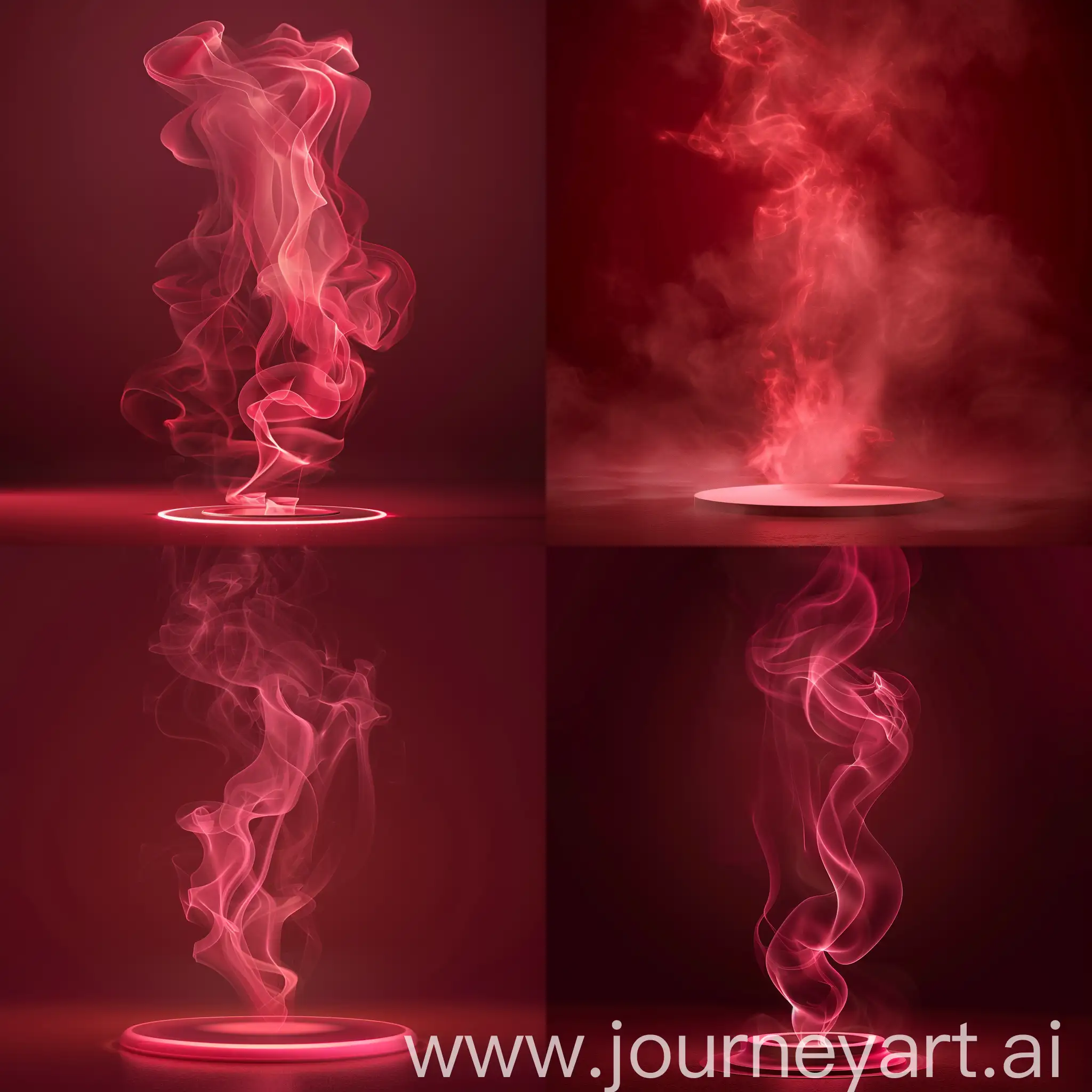 a very thick and soft glowing reddish-pink smoke against a dark red background, a circular 3d base at the bottom
