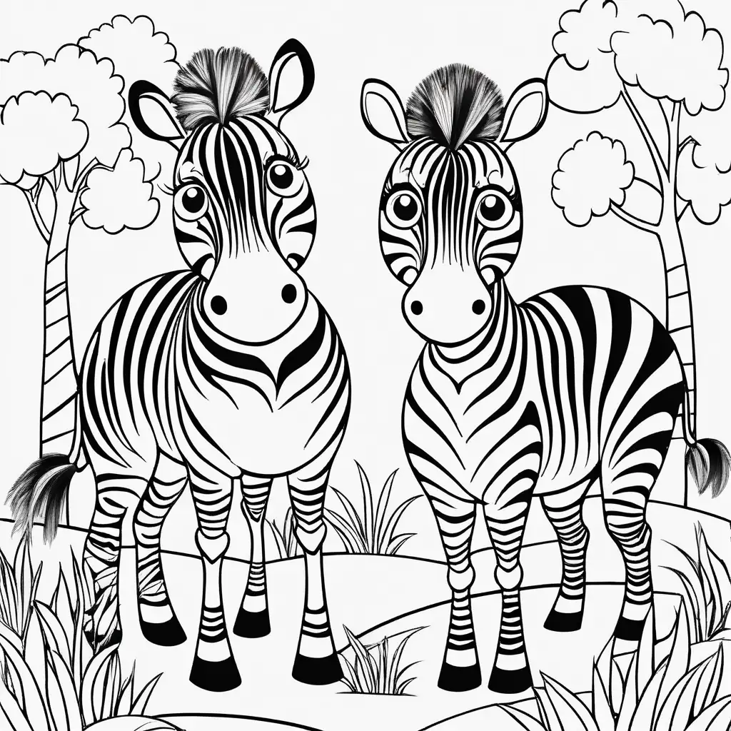 Create a coloring book page for 1 to 4 year olds. A simple cartoon cute smiling friendly faced zebra and its friendly faced parents with bold outlines in their native enviroment. The image should have no shading or block colors and no background, make sure the animal fits in the picture fully and just clear lines for coloring. make all images with more cartoon faces and smiling
