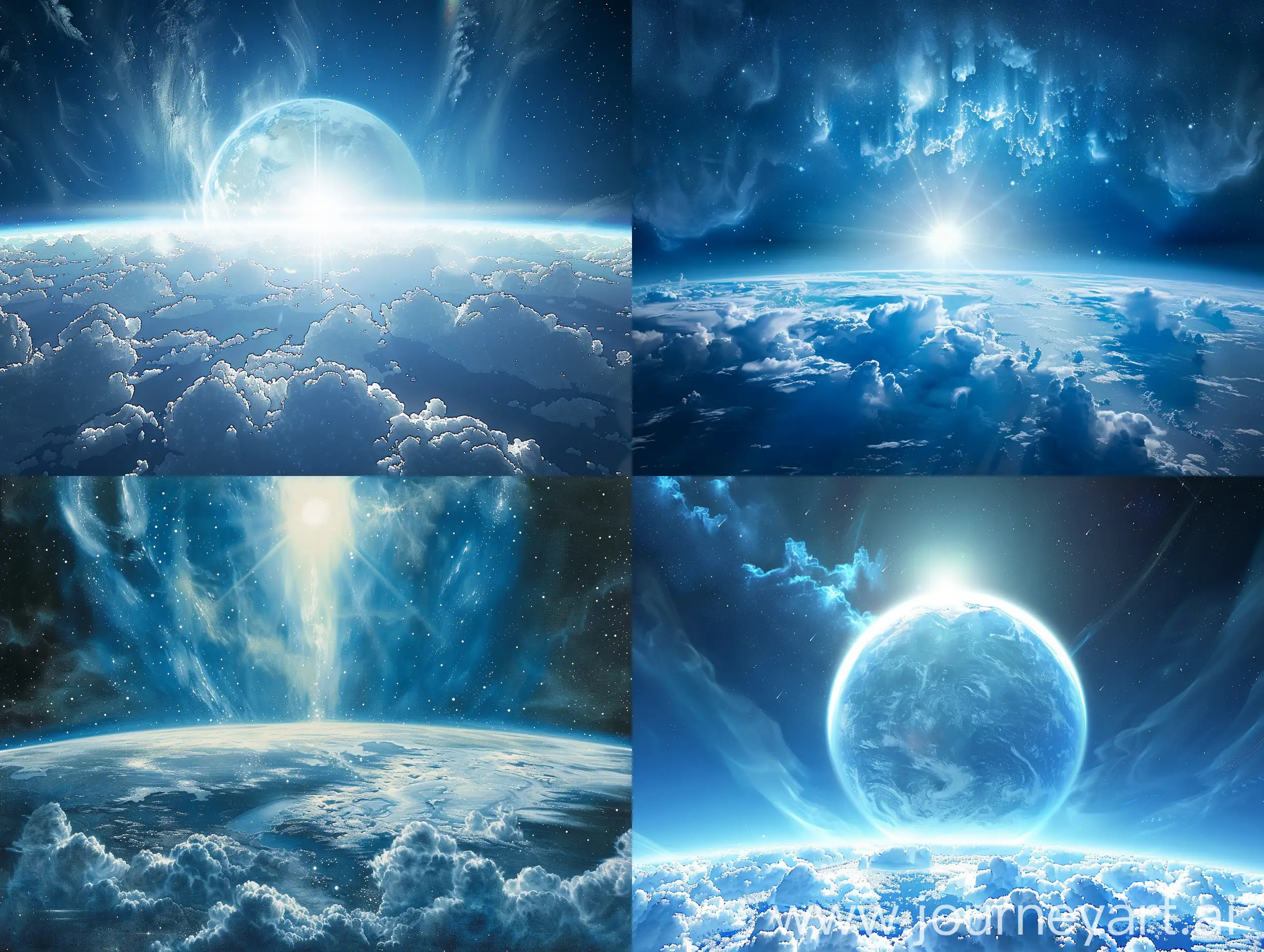  на фоне космос, в сине голубых тонах, сзади снизу земной шар,  облака,, пафосно,, лучит из-за  горизонта, реалистично , в стиле Дюрера