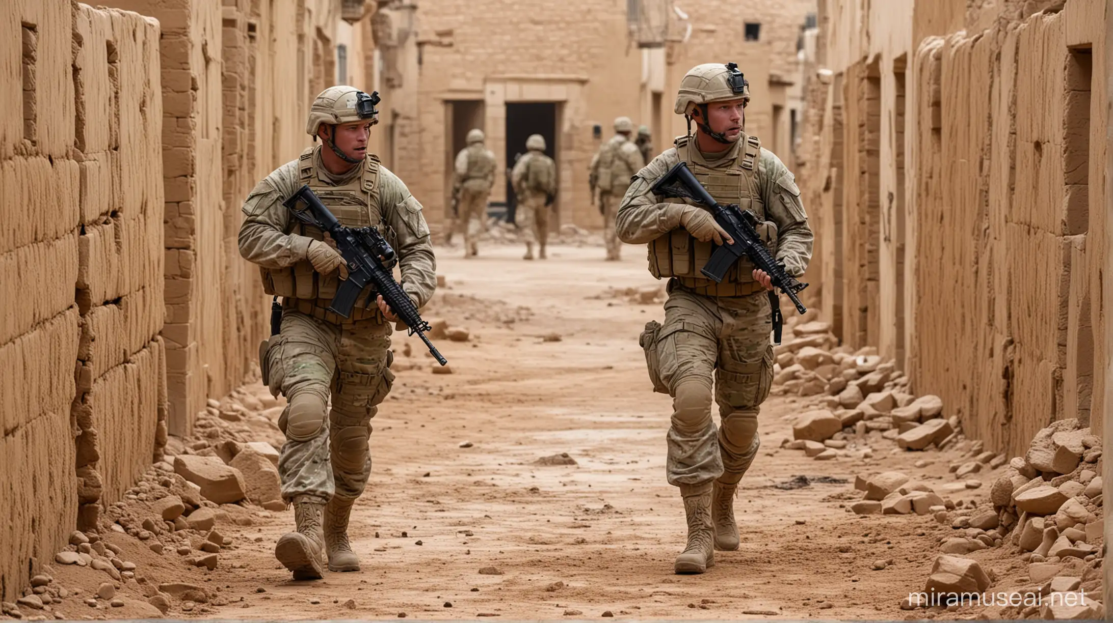 21st century white Irish-American soldier wearing multicam carrying a carbine talking to a four other soldiers surrounded by mud brick walls in the middle east