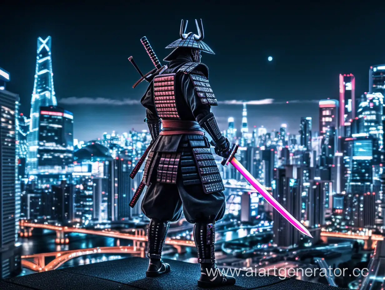 Кибер-самурай на фоне ночного города