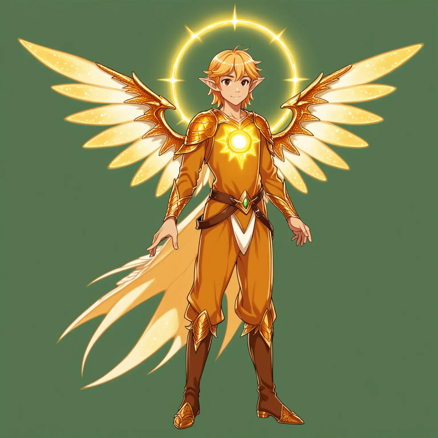 Young, tanned, male with long strawberry-blonde hair, a sun halo, and golden glowing draconic wings. Elven-style clothing. Ghibli style. No background