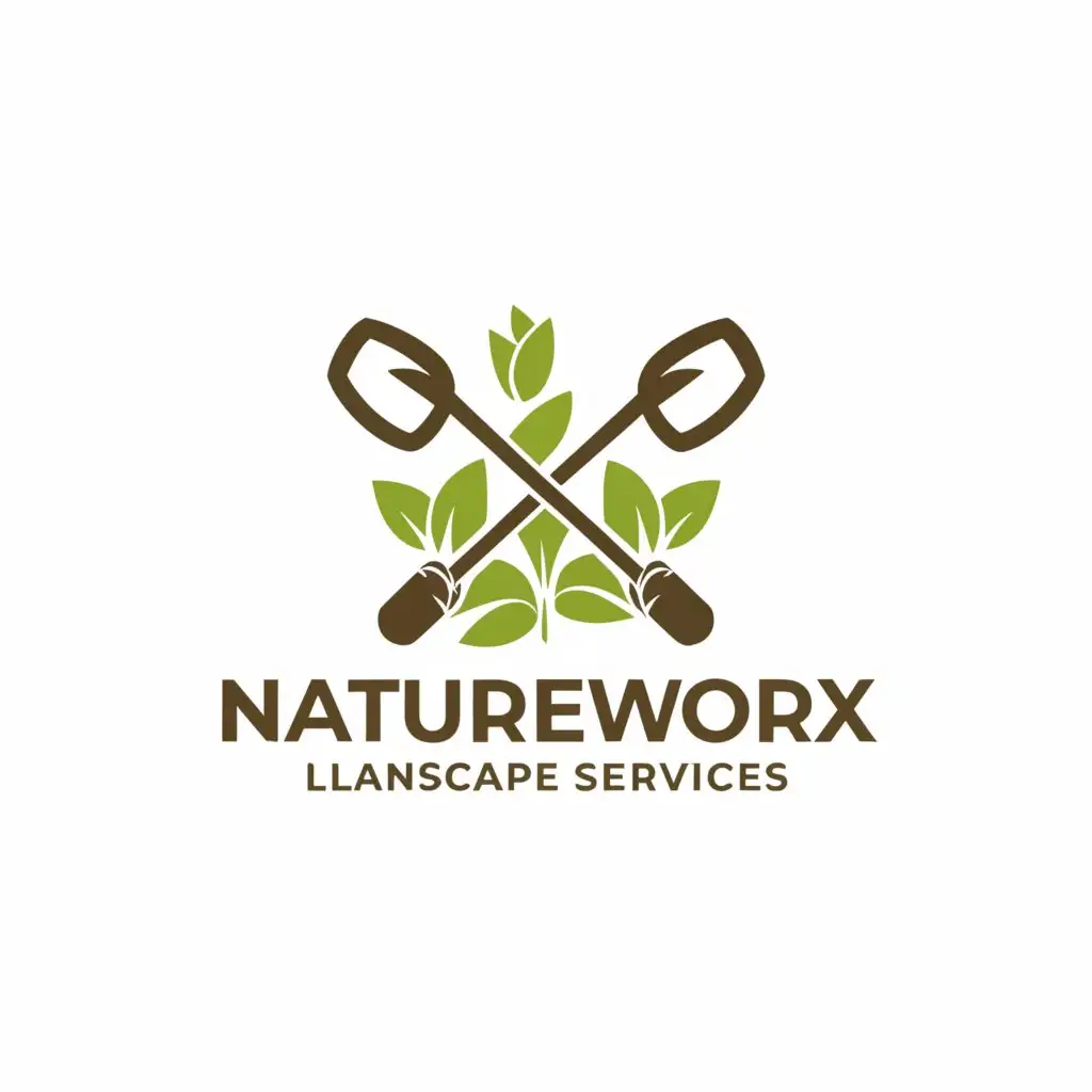 Logo-Design-For-Natureworx-Landscape-Services-Earthy-Tones-with-Shovels-and-Shrubs-Emblem