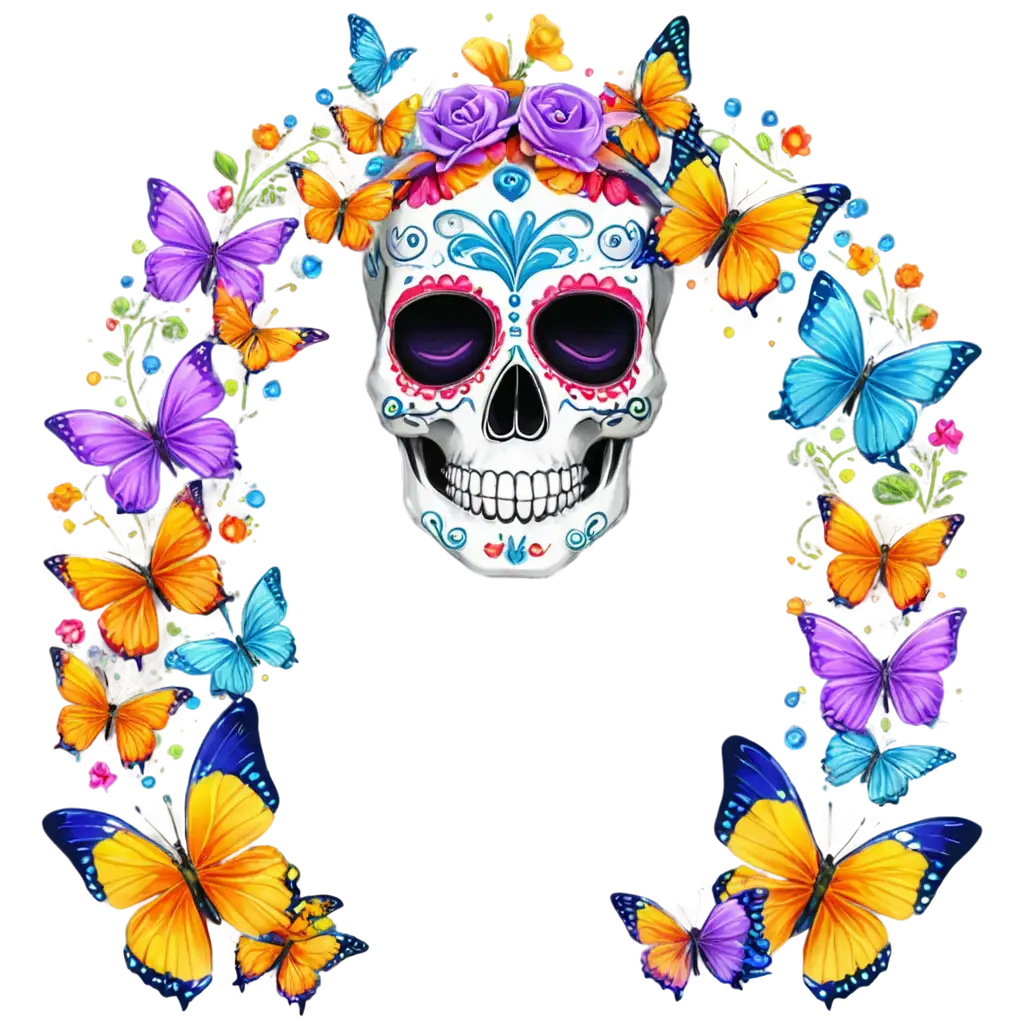 colorful sugar skull with butterflies
