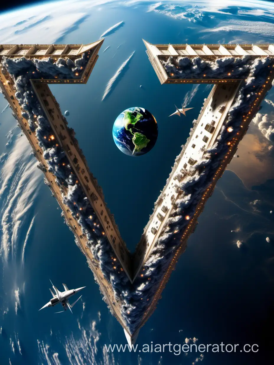 в сторону земли летят космические корабли выстроенными рядами в виде буквы W
вид из космоса
