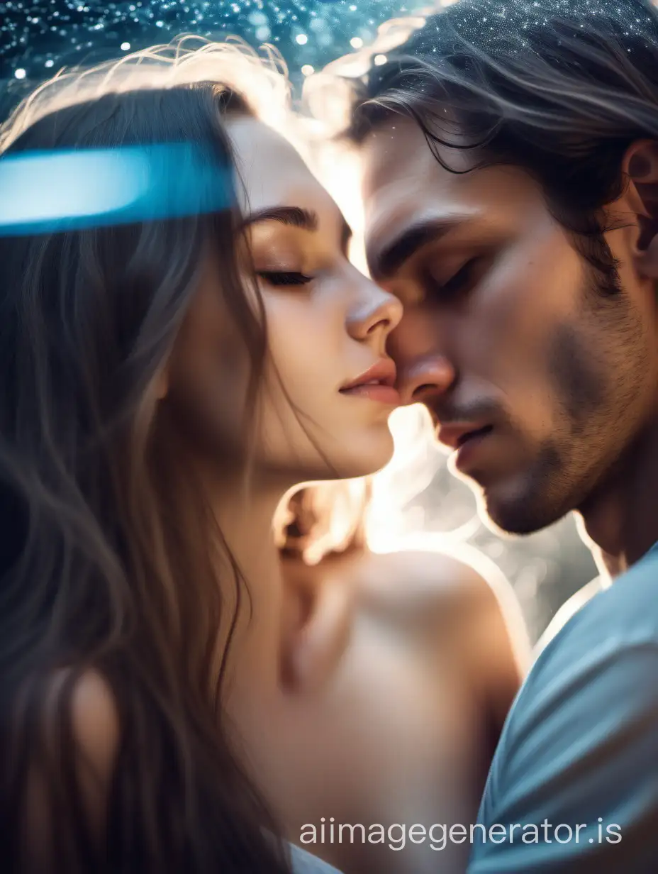 Close-up, double exposure, beautiful brunette girl with long hair closes her eyes, enjoying tranquility in the embrace of a cute young man with light hair, sensual full-length photo, beautiful delicate figure, perfect curves, beautiful, aesthetic, 1024k, glitter, high resolution, high detail, 30mm lens, 1/250s, f/2.8, ISO 1000, pixel graphics, bright lighting, full HD