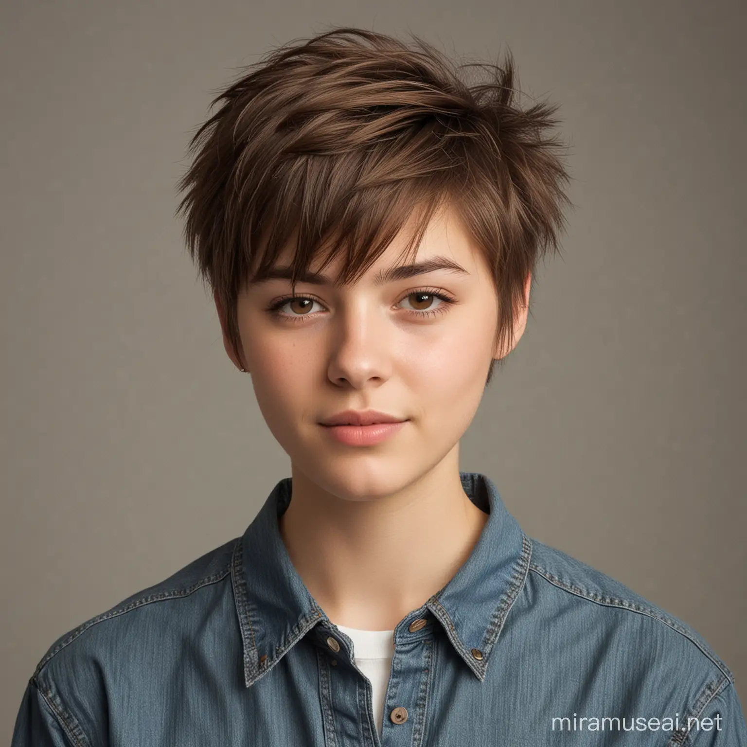 Tomboy Teenage Girl with WolfCut Brown Hair