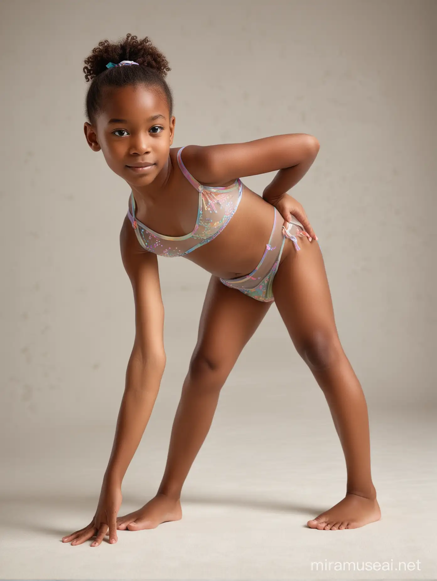 African American, 10-year-old girl, in 2 piece sheer bikini, downward facing dog pose