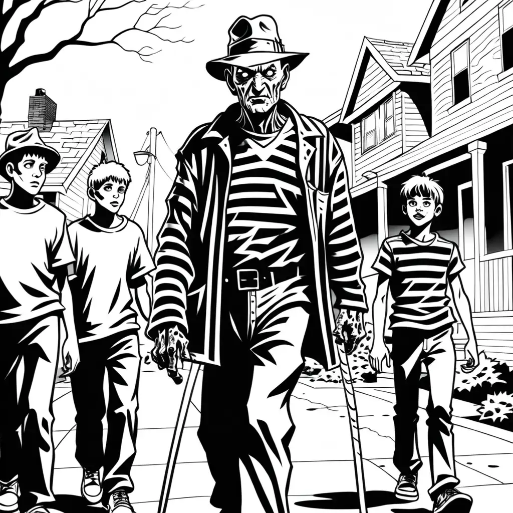 simple black and white coloring book image of freddy krueger walking in neighborhood and talking with old teenagers