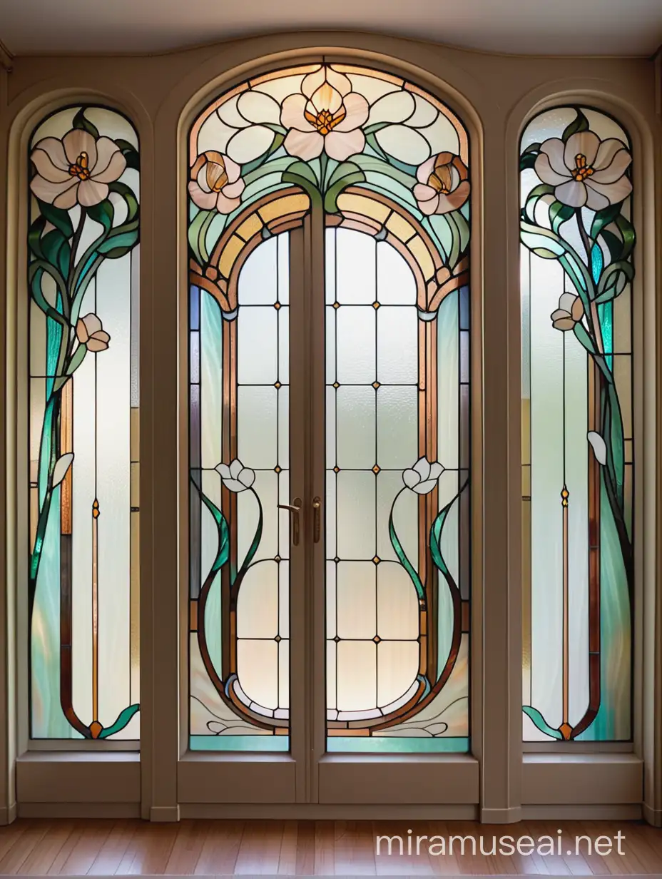прямоугольная, 4 четырехстворчатая  витражная стена в технике  тиффани, в стиле ар нуво, с цветочным узором, с красивыми плавными, изогнутыми линиями, из бежевого и белого цвета стекла на фоне штор из органзы