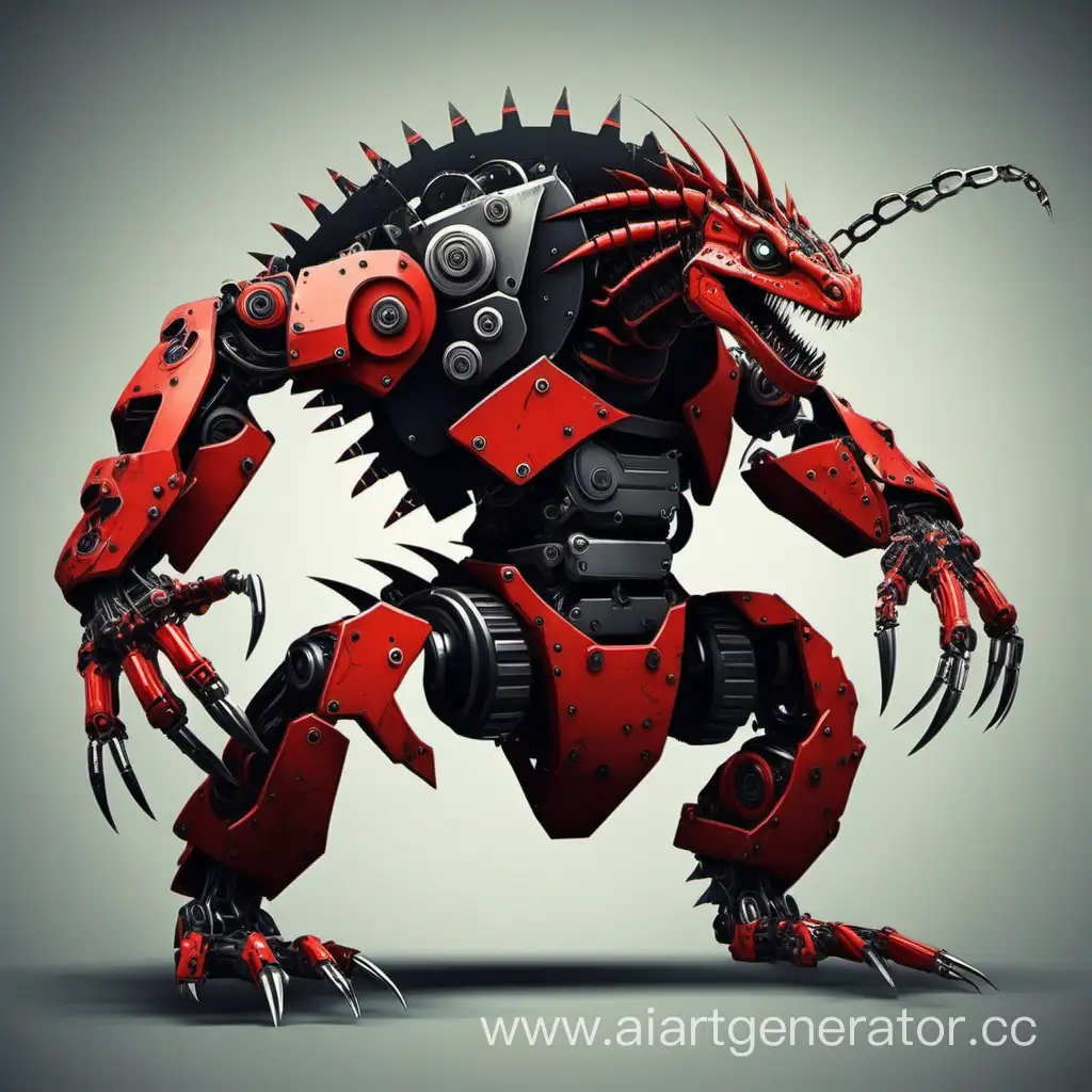 Сгенерируй опасного робота ящера красно-чёрного цвета с огромными когтями и циркулярной пилой