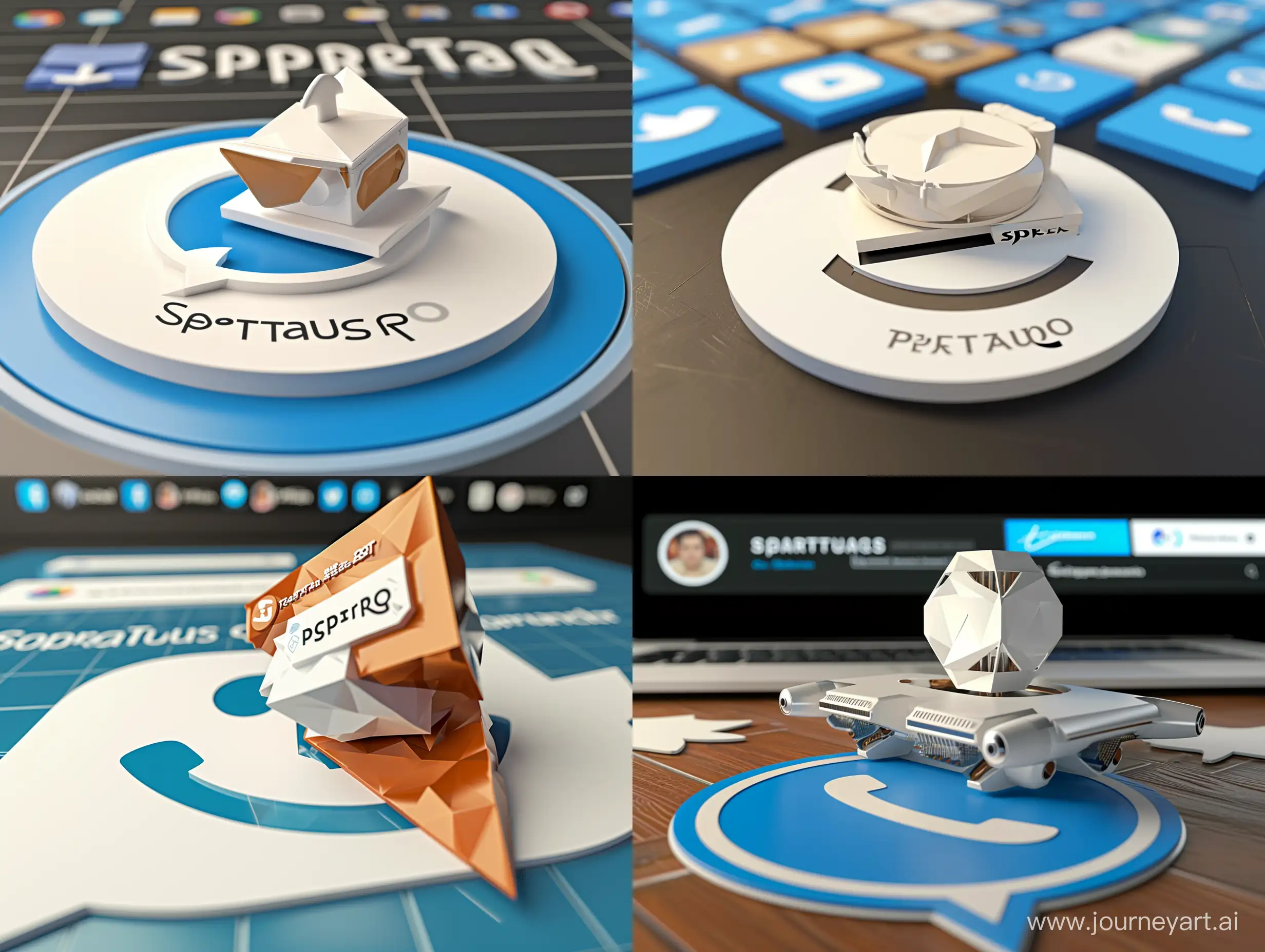 Create a 3D image of a beautiful logo that sits on top of the Telegram social network logo. The background image is a social media profile page with the username "SpAreTaCusRoBot" and a matching profile picture.