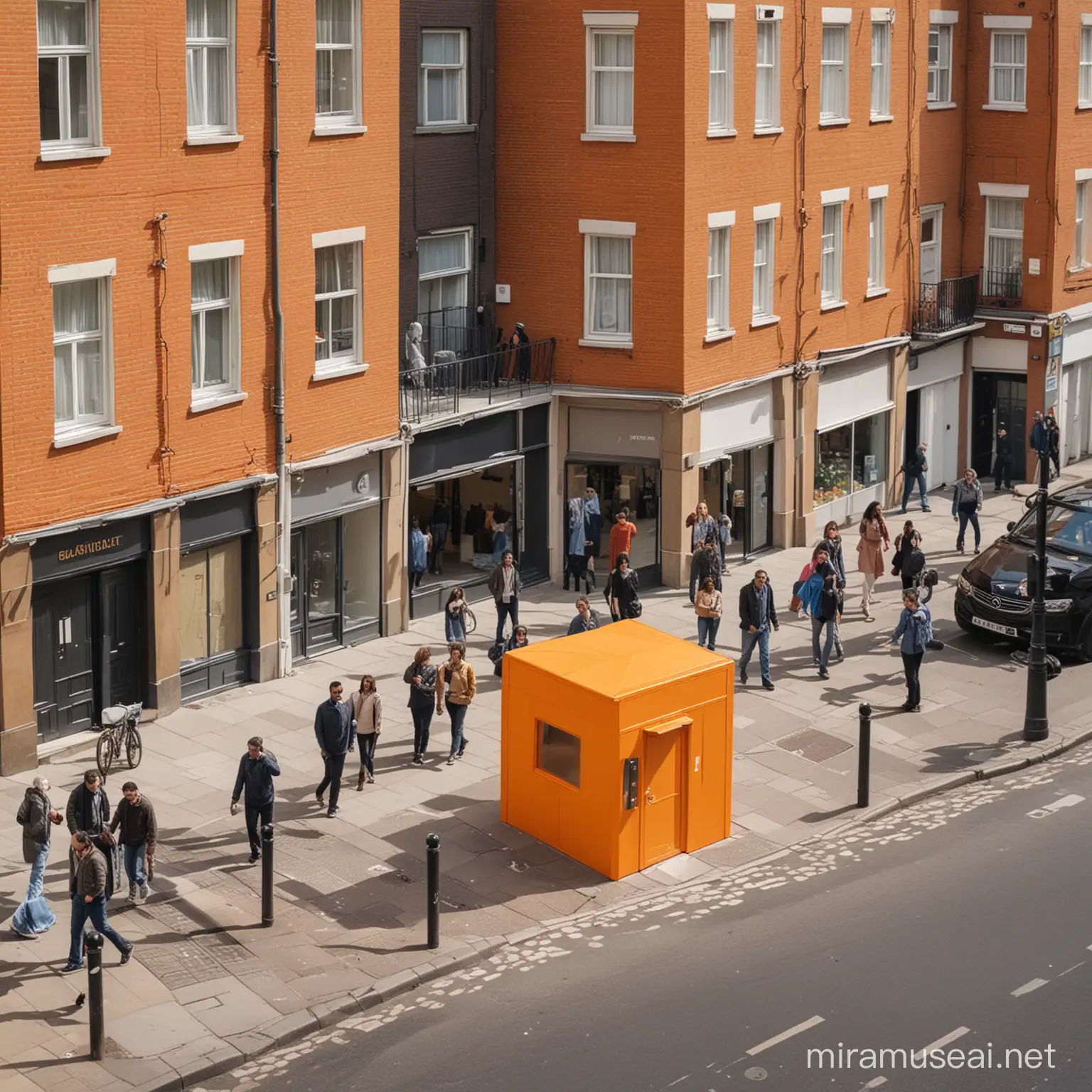 a single room shaped like a orange box has a door and standing on a crowd street