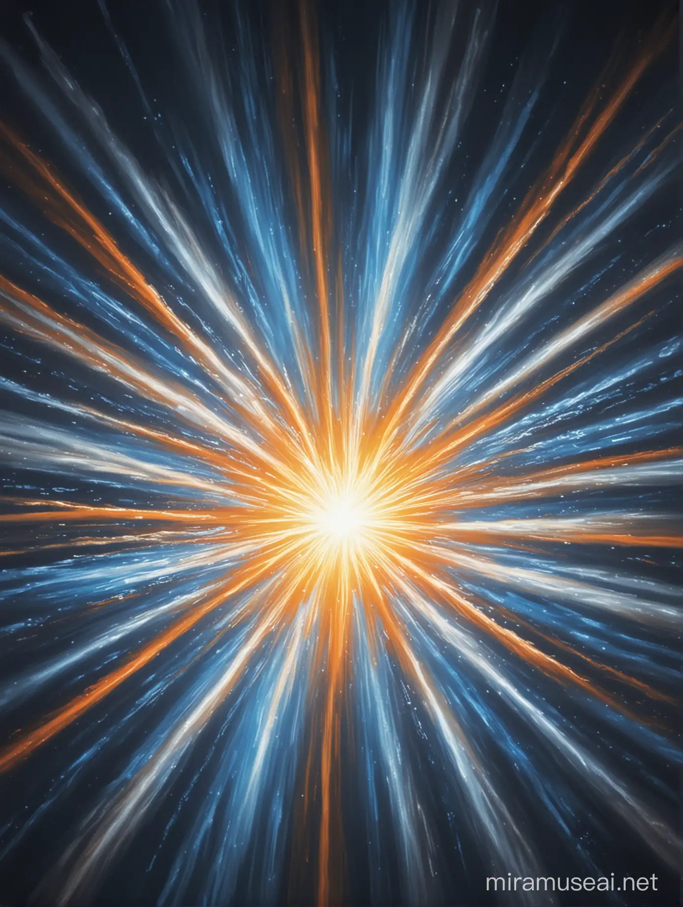 Create an image of of a burst of light that is concentrated at the center. Use bright orange, blue and white as the colors. 
